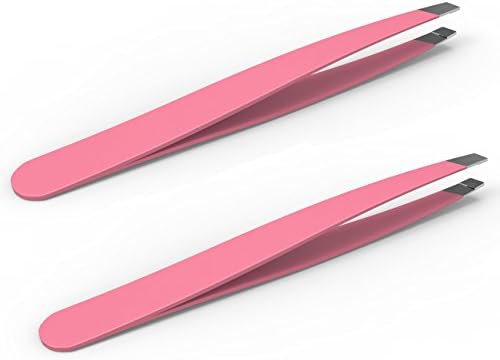 Professional Eyebrow Tweezers Slant Pink Stainless Steel Bonus 2 Pack