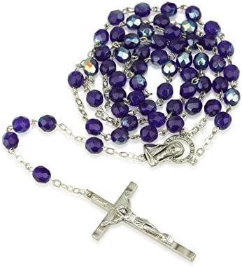 Faceted Iridescent Purple Glass Necklace Rosary, Jerusalem Cross,Silver Plate, Crucifix,by Marina Jewelry