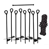 Gray Bunny GB-6874 Ground Anchor Kit, Set of 8 Earth Augers, 15" Long, 3" Wide Helix, 3/8" Diameter Stake Shaft, Includes Torque Bar, Rope, Carrying Sack & Eight Heavy Duty Rods
