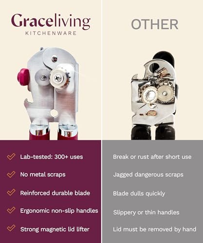 Graceliving Premium Multifunction Magnetic Manual Can Opener and Bottle Opener, Heavy Duty Stainless Steel Sharp Cutting Blade and Oversized Easy Turn Knob, Soft-Touch Handle, Kitchen Use, Mauve