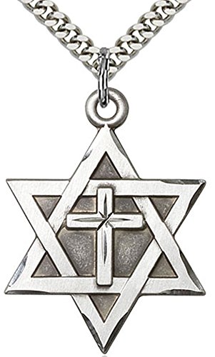 Mens Sterling Silver Star of David & Cross + 24 Inch Endless Rhodium Plated Chain