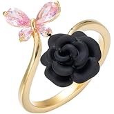 Kokoma Black Rose Flower Butterfly Wrap Finger Ring for Women Pink Crystal CZ Butterfly Open Statement Ring Eternity Promise Engagement Ring Dainty Jewelry Xmas