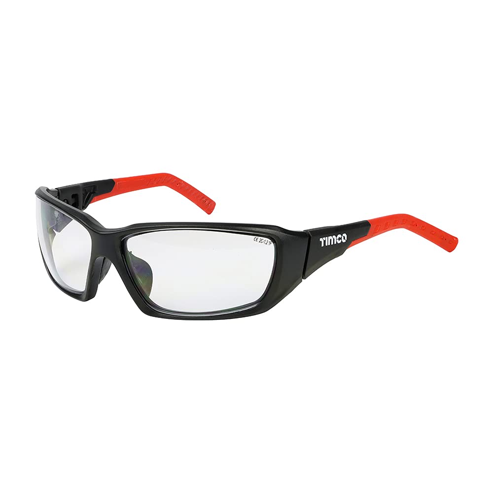 TIMCO Sports Style Safety Glasses - With Adjustable Temples - The soft rubber dual function adjustable arms and temples guarantee optimal fit and comfort on all head shapes and sizes - Clear