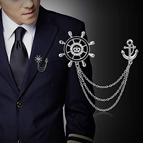 Huture 3packs Men's Elegant Brooch Wing Tassel Chain Brooch Rudder Brooch Shield Brooch Lapel Pin Badge Brooch Rhinestone Badge Vintage Corsage for Men Tie Hat Scarf Suit Tuxedo Silver