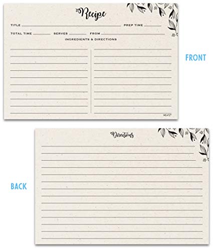 Spacious Recipe Cards - 50 count, 4x6" Double Sided. Thick Card Stock. Perfect for Recipe Box & Recipe Binder. Minimal Floral Kraft-Like Design