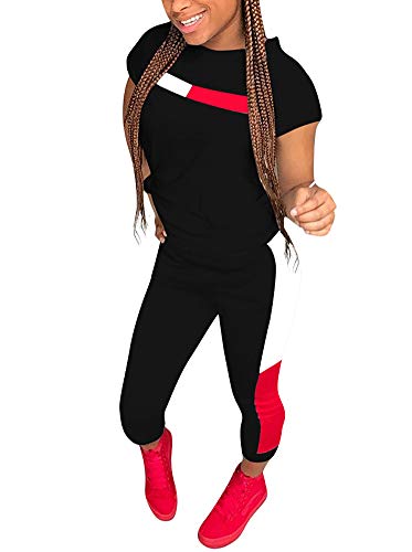 Womens Sexy Sports Outfit Set Short Sleeve Crop Shirt Bodycon Pants Joggers Clubwear Tracksuit Set Black L