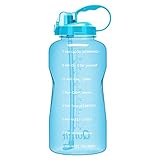 QuiFit 1 Gallon Water Bottle with Straw and Time Marker Leak Proof BPA Free Reusable Large Capacity Fitness Sport Water Jug with Handle(Light Blue,1 Gallon)