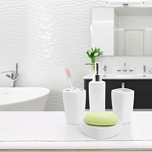 MyGift 4 Piece Ceramic White Bathroom Accessory Set with Soap Dispenser