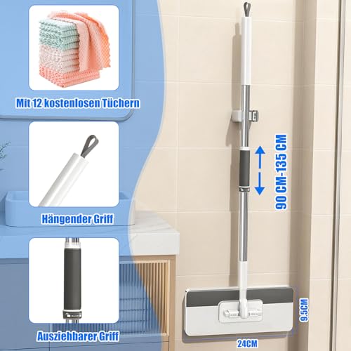 Multifunctional Lazy Mop with One Click Cloth Grip - Hands-Free Flat Mop for Hardwood Tile Floor Cleaning, Long Handle Microfibre Mop for Kitchen, Clip Mop Fits Any Cloth | UK Stock