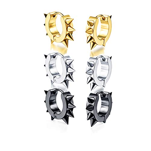 Mintik 3Pairs Silver Gold Black Rivets Hoop Earrings Stainless Steel Spikes Awl Piercing Taper Huggie Hinged Earrings Set
