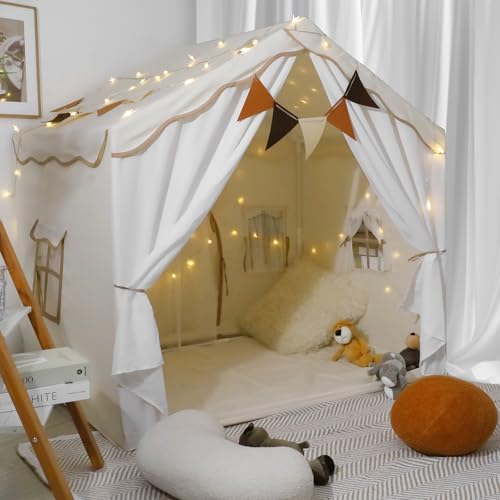 STANEW Large Dome Tent, Foldable Camping Tent Indoor Outdoor, Contain Star Light, Flag, padded mats, Outdoor Shelter 132 * 92 * 128cm -Cream