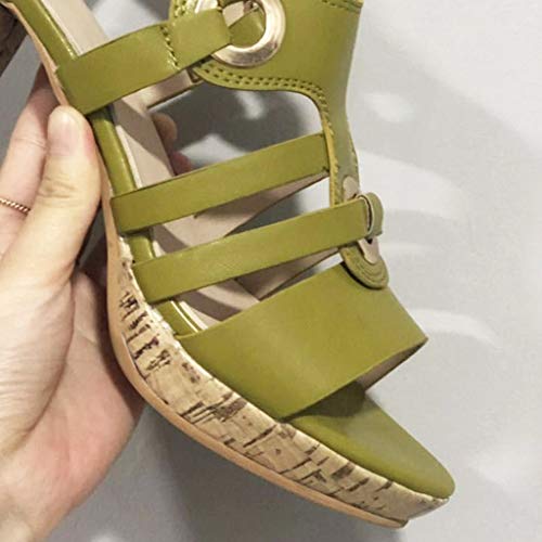 Sunhusing Women's Solid Color Metal Buckle Elastic Band Buckle High Heels Open Toe Sandals Roman Shoes Green