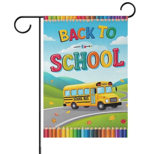 Back To School House Flag 28 x 40 Double Sided, Colorful Pencil School Bus Fall Leaves Garden Yard Flags Outdoor Indoor Banner for Home Welcome Back Decorations — image 1