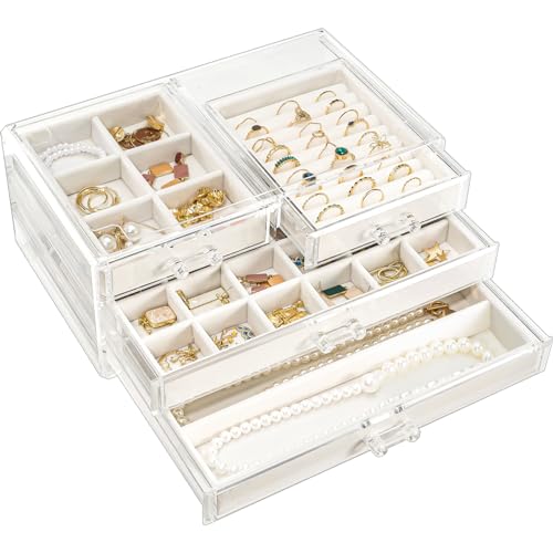 ProCase Earring Holder Organizer Jewelry Box with 3 Drawers, Acrylic Clear Earring Case with Adjustable Velvet Trays for Women - Warmwhite, 3 Layers, Upgrade, Large