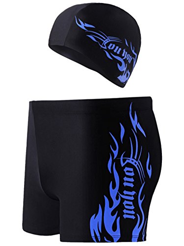 Men's Swimming Square Leg Shorts Fire Printed Swim Trunks Tights with Hat Blue Size US M/Asian 2XL