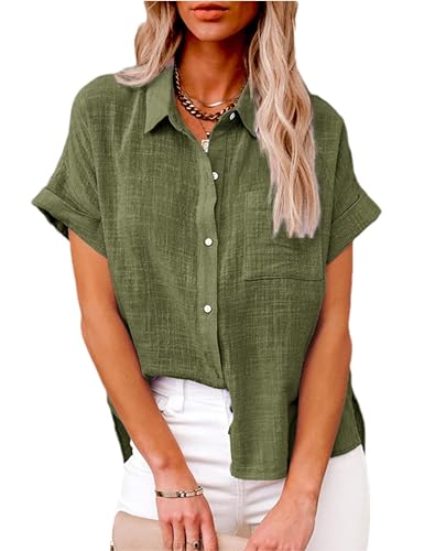 Lingjiazi Women's Cotton Linen Button Down Short Sleeve Shirt 2026 Summer Linen Tops Blouses with Pocket(0688-ArmyGreen-L) at Amazon