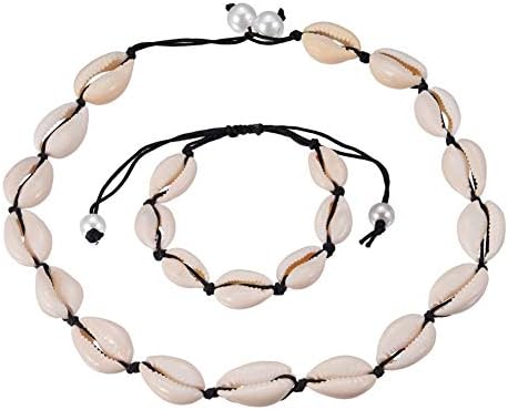 KISSBELLY Cowrie Shell Choker Necklace Hawaiian Seashell Pearls Choker Necklace w/Statement Adjustable Cord Brancelet Set