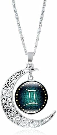 Fashion Women Twelve Constellations Charm Glass Dome Moon Pendant Necklace 02 Gemini