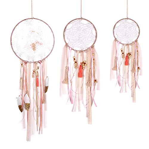 OFNMY 3pcs Boho Dream Catchers Macrame Handmade Gold Pink White Dreamcatcher for Wall Hanging Decoration, Wedding Party Favor, Baby shower, Girls Nursery Room Decor - Thumbnail 2