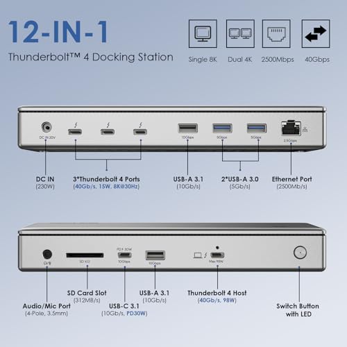 WAVLINK Thunderbolt 4 Docking Station 12-in-1.98W PD,Single 8K or Dual 4K Display for MacBook Pro/Air Thunderbolt 4/3,USB-C/USB 4 Windows
