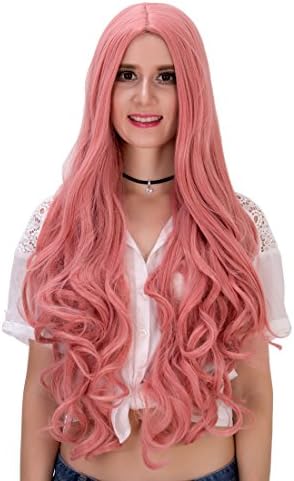 Aosler 32" Wig Heat Resistant Women Long Curly Hair No Bangs Wigs for Cosplay,Costume Party,Halloween (Pink)