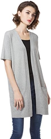 KNITBEST Women's Ladies Short Sleeve Knitwear Long Cardigans With Big Pocket (X Large, Grey)