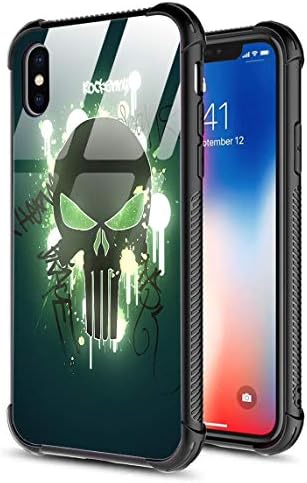 iPhone X Case,iPhone Xs Case,Slim Tempered Glass Back Cover Silicone Bumper Frame Shockproof Anti-Scratch Cover Case for Apple iPhone X/XS Rock Skull