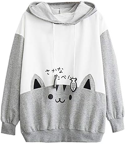 Red Ta Women Casual Cat Letter Print Long Sleeve Hoodie Sweatshirt, Ladies Kawaii Neko Pullover Top Blouse