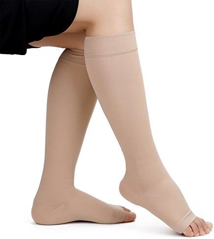Open Toe Knee High Graduated Compression Leg Sock PAIR for Men & Women - Hose Stocking Calf Sleeve Maternity Tights - Nurse, Pregnancy, Travel, Athletic, Edema, Shin Splints, Varicose Veins XXL Beige)