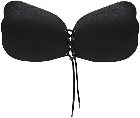 Tiantianmei Women's Strapless Self Adhesive Reusable Silicone Invisible Push-up Bra with Drawstring Black Cap D
