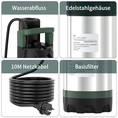 LANCHEZ Submersible Pressure Pump, 3 Inox, 800 W Submersible Pressure Pump, 6300 l/h Flow Rate, Maximum Delivery Head 37 m, Integrated Dry Run Protection for Deep Chute, Vertical Chute, Gardening