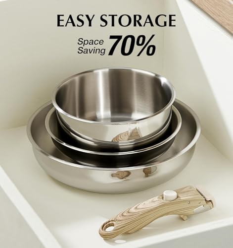 KOCH SYSTEME CS 7 Piece Stainless Steel Cookware Set, Stainless Steel Pots and Pans Set with Detachable Handle, Cooking Pan Set with Wood-grain Handle, Induction Compatible, Dishwasher & Oven Safe