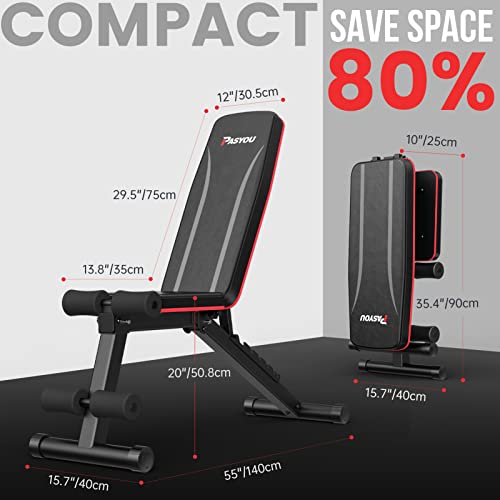 PASYOU Adjustable Weight Bench, Full Body Workout Strength Training Bench Press Foldable Incline Decline Bench Sit Up Exercise Equipment for Home Gym PA300/PA400/PA500