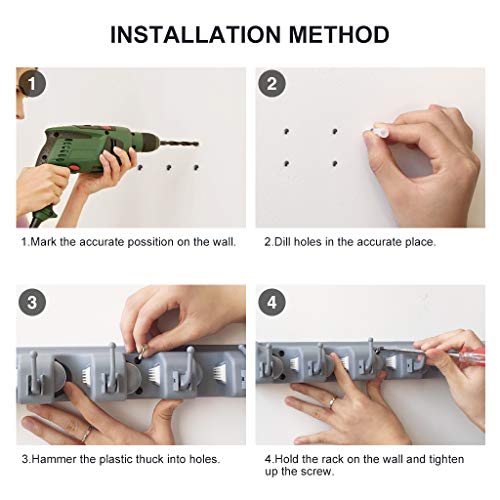 Veeca Skidproof Mop and Broom Holder Garden Tool Organizer with 5 Position and 6 Hooks Wall Mounted Garage Hanger for Kitchen, Garage, Garden, Warehouse