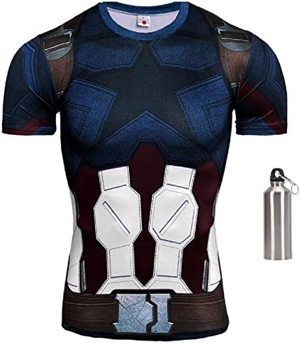 MulitverseMerch Superhero Compression Exercise Fitness Sports Dri-Fit Short Sleeve Shirt with Free Bonus Water Bottle