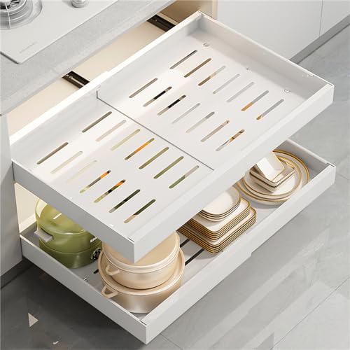 Fohome Expandable Pull out Cabinet Organizer, Expandable Sliding Pull Out Drawers White, Slide out Cabinet Organizer Drawer Storage for Kitchen, Living Room, Home, Adjustable Width 32cm to 52 cm White