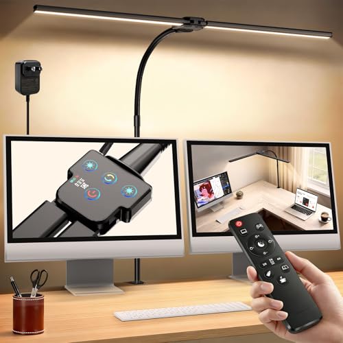 Lampara de Escritorio LED con Control Remoto, 1800LM Luz Escritorio Doble Cabezal Ultra Ancha, 5 Temperaturas Color y 5 Brillos, Lámpara Mesa con Pinza para Monitor, Oficina, Estudio, Lectura y Gaming