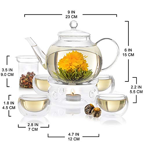 Teabloom Complete Tea Set Glass Teapot (40 OZ), Loose Tea Glass