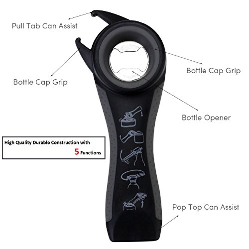 Professional Multi Bottle Opener, 5 In 1 Jar Bottle Can Opener, Lid Twist Off Gripper,Soft Grips Handle,Multifunction Opener for Seniors Rheumatoid Arthritis,FDA Approved