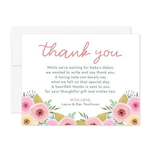 Hello Love Goods Sweet Pink Floral Baby Shower Thank You Cards with Names and Message, 5.5x4.25 Personalized FLAT Thank You Cards for Baby Girl, Envelopes Included