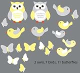 Yellow and Gray Birds and Owls Wall Decals for Kids Room, Birds and Owls