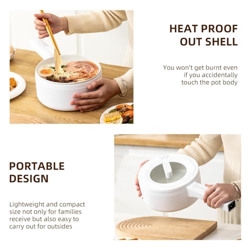 TINYPANDA Electric Hot Pot, 1.8 Liter Multifunctional Portable Cooking Pot, 700 Watt Instant Noodle Hot Pot, Non-Stick Skillet for Steak, Eggs, Ramen, Oatmeal with Dual Power Adjustment (White double layer)