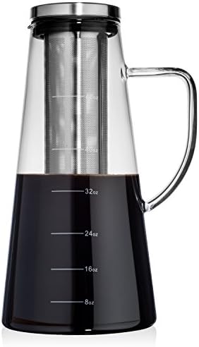 Large Cold Brew Coffee Maker, 1.5L/48oz Premium Quality Glass Carafe with Airtight Stainless Steel Lid Brews Hot or Iced Coffee & Tea, Removable Fine Mesh Filter/Fruit Infuser, Bonus Cleaning Sponge