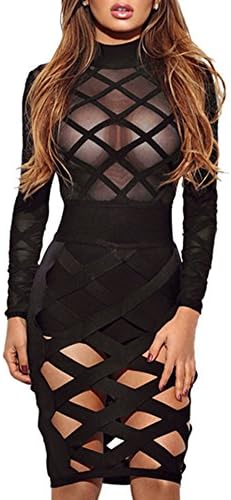 Wuxh Women's Sexy Long Sleeve Hollow Out Cocktail Clubwear Party Mini Bandage Bodycon Dress (Medium, Style1-Black)