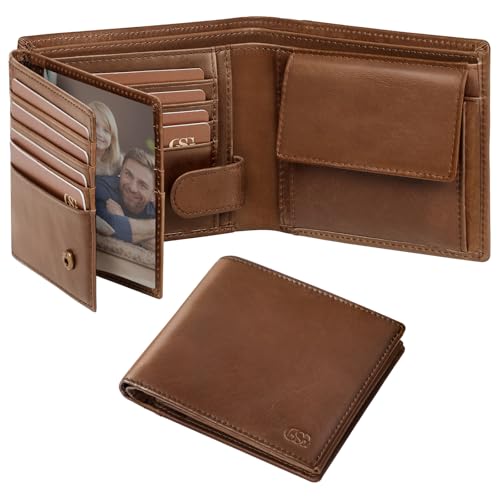 GSG SINCE 1998 Mens Cowhide Leather Wallets with Coin Pocket,17 Credit Card Slots, 2 Banknote Compartments Genuine Leather RFID Wallet Brown