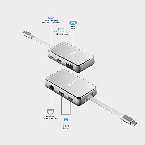 USB C Hub, LINKWIN 6 in 1 Tempered Glass USB C Multiport Adapter, USB C to HDMI, VGA, 2 USB 3.0 Ports, USB C Charging, RJ45 Gigabit Ethernet, USB C Dock Dongle Compatible Apple MacBook Pro 13 (White)
