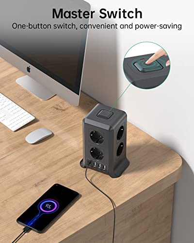 Sameriver 5M Tower Power Strips Sockets, USB Power Strip 8 AC Outlets and 4 USB Multiple Plug, 2500W/10A, Power Strip Sockets Surge Protection, Vertical Strips with Switch for Table, Home, Black