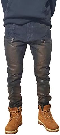 URBANMANIA Men's Hipster Hip Hop Double Wax Coated Moto Skinny Jean Pants (32X33, DARK BROWN)