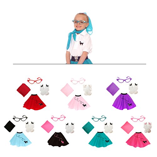 Hip Hop 50's Shop 1950s Girls 4 Piece Poodle Skirt Costume Outfit for Kids with Accessories (glasses, socks, scarf) (Child Medium Light Pink) - Thumbnail 7