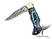 OHM-064 Custom Handmade Damascus Steel Folding Knife - Beautiful Blue Wood Handle with Leather sheath. Knife is durable